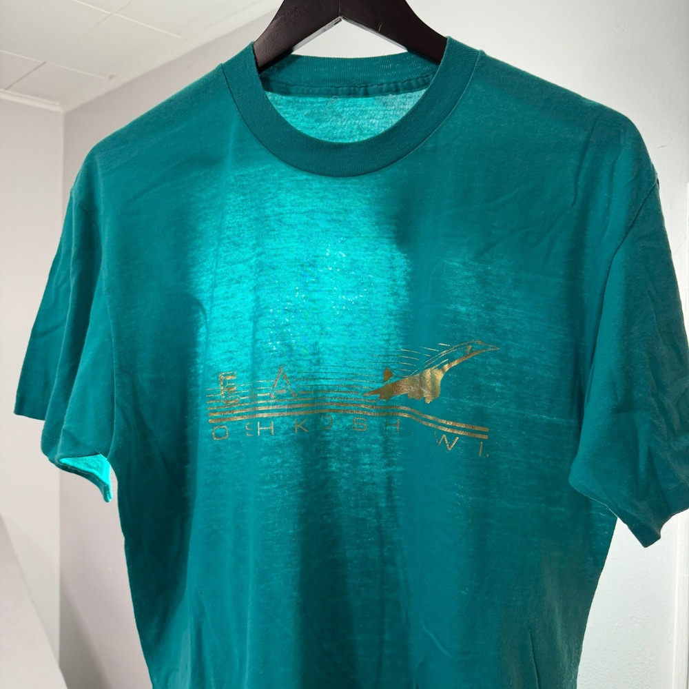 Vintage Shirt Small Teal EAA Oshkosh WI Concorde Airplane Graphic Tee 90s Thin